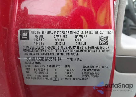 2010 Chevrolet Hhr Lt z USA, uszkodzony, nr VIN 3GNBABDB1AS570104